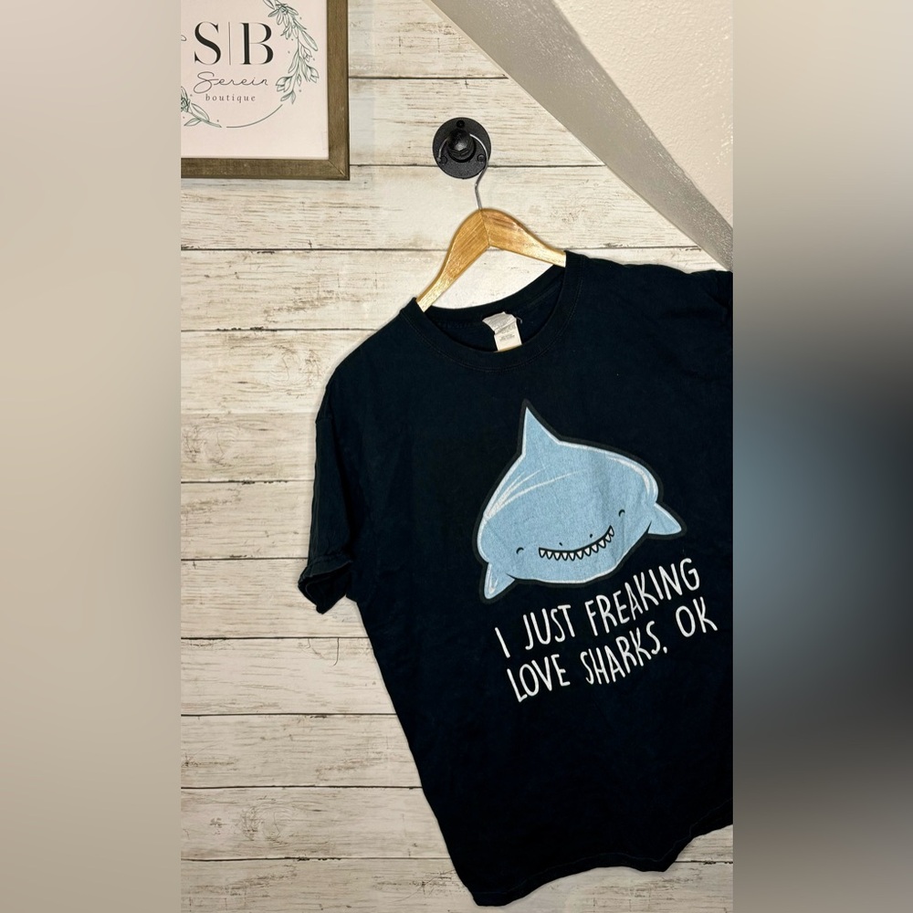 Women’s Black Tee, L, “I just freaking love sharks, ok?”